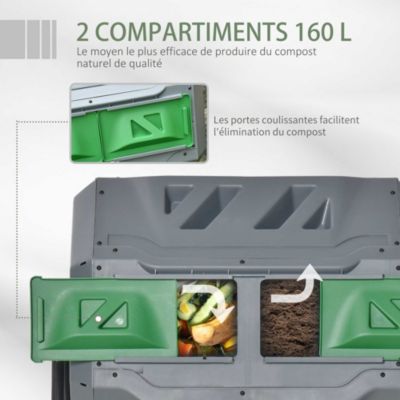 Composteur de jardin - bac à compost pour déchets - rotatif 360 degrés - double chambre 160 L - acier PP noir