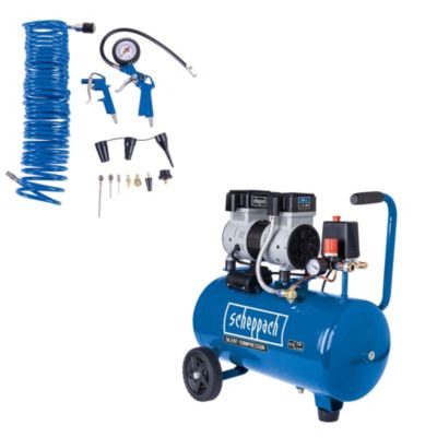 Compresseur d'air HC26Si Scheppach - Ultra silencieux - 24L - 8bar - 1100 W 230V - Debit d'aspiration 162 L/min + 14 accessoires