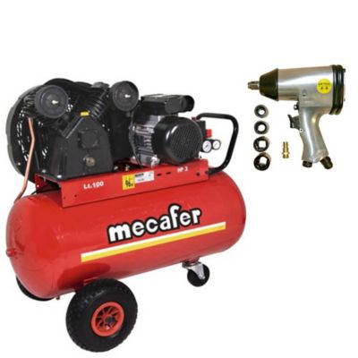 Compresseur lubrifié courroie Mecafer 100L 3HP + clé à choc Castorama