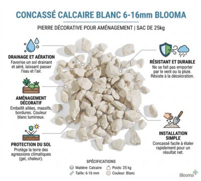 Concassé calcaire blanc 6-16 mm sac de 25 kg, Blooma