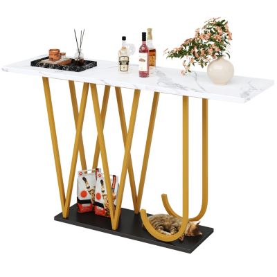 Console 120 cm en MDF blanc effet marbre avec pieds métal doré | Castorama