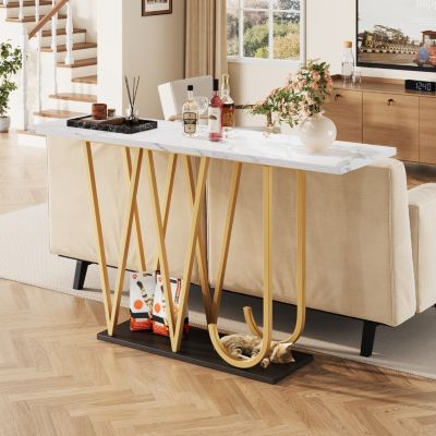 Console 120 cm en MDF blanc effet marbre avec pieds métal doré | Castorama