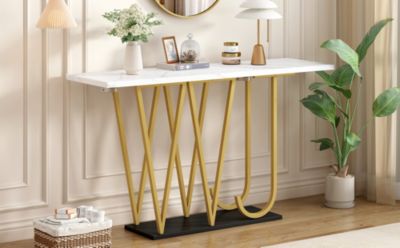 Console 120 cm en MDF blanc effet marbre avec pieds métal doré | Castorama
