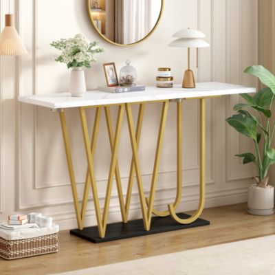 Console 120 cm en MDF blanc effet marbre avec pieds métal doré | Castorama