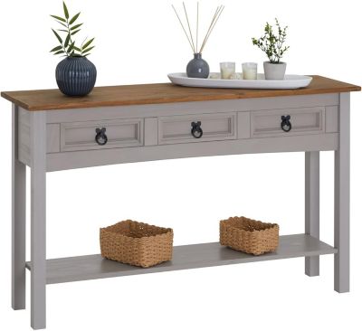 Console avec 3 Tiroirs et 1 Étagère en Pin Massif Gris et Brun