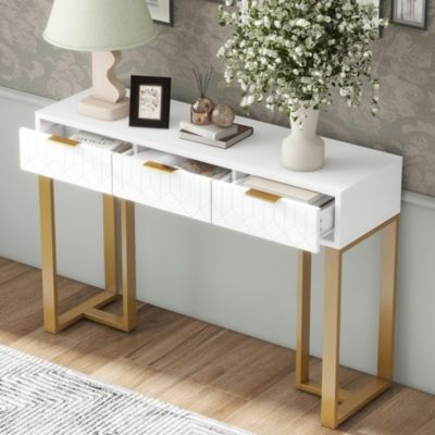 Console d'entrée Élégante avec Tiroirs et Poignées Dorées - Table Console design Moderne - MDF - Blanc et Or - 120x36x80 cm