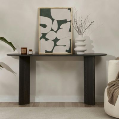 Console de salon noire ovale pieds en V, effet bois MARFA