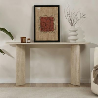 Console de salon ovale effet travertin pieds en V MARFA