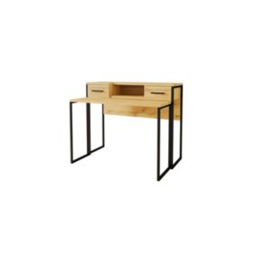 Console extensible en bureau JASPER, chêne, pieds en fer noir, 2 tiroirs, 1 niche