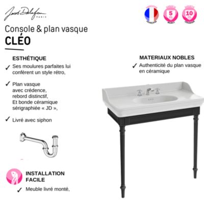 Console JACOB DELAFON Cléo 1889 avec plan vasque 3 trous + colonne droite + mélangeur croisillon lavabo chromé + siphon chromé