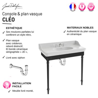 Console JACOB DELAFON Cléo 1889 avec plan vasque 3 trous + colonne droite + siphon chromé