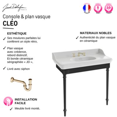 Console JACOB DELAFON Cléo 1889 avec plan vasque 3 trous + colonne droite + siphon or