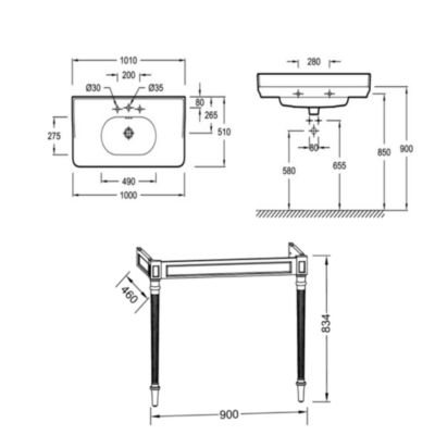 Console JACOB DELAFON Cléo 1889 avec plan vasque 3 trous + miroir + colonne droite + siphon chromé