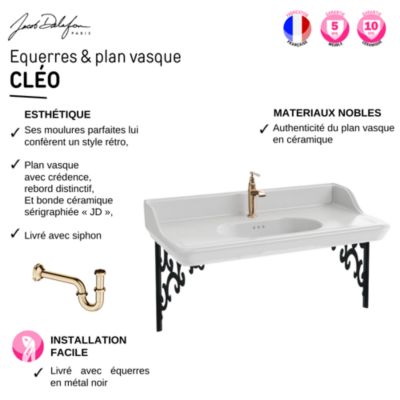 Console JACOB DELAFON Cléo 1889 avec plan vasque + miroir + colonne droite + siphon or