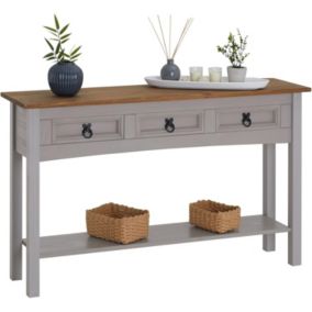 Console Meuble avec 3 Tiroirs et 1 Étagère, en Pin Massif, Poignée en Métal, en pin Massif Gris et Brun