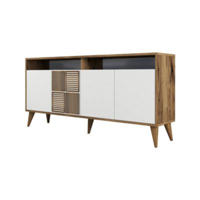 Console Scorpio, Table polyvalente, Armoire de rangement, Bureau du couloir, 160x35h79 cm, Noyer et Blanc