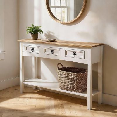Console style mexicain en pin massif blanc avec 3 tiroirs et 1 etagere