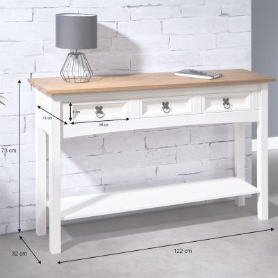 Console style mexicain en pin massif blanc avec 3 tiroirs et 1 etagere