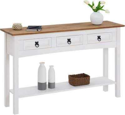 Console style mexicain en pin massif blanc avec 3 tiroirs et 1 etagere