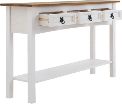 Console style mexicain en pin massif blanc avec 3 tiroirs et 1 etagere