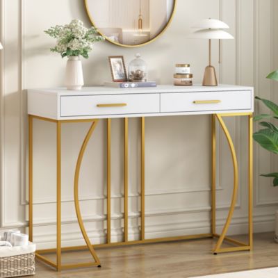 Console / Table Console Console d'Entrée avec 2 Tiroirs et Design Léger Luxe, MDF et Métal, Blanc et Or, 120x38x76 cm