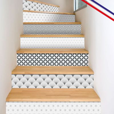 Contremarches PVC pour escalier - carreaux de ciment gris - Lot de 5 (18x100 cm)