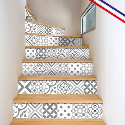 Contremarches PVC pour escalier - carreaux de ciment gris - Lot de 5 (18x100 cm)