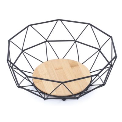 Corbeille à fruits ronde avec formes géométriques en métal noir et bambou