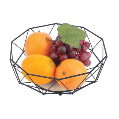 Corbeille à fruits ronde avec formes géométriques en métal noir et bambou
