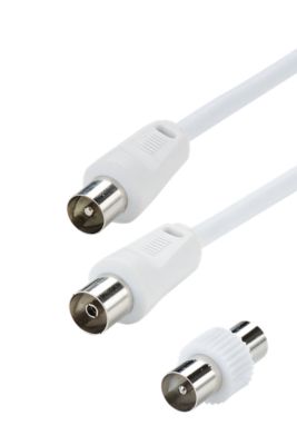 Cordon TV 9.52 mm mâle / TV 9.52 mm femelle + adaptateur TV 9.52mm mâle / mâle - blanc connecteurs plaqués nickel 3 m - Erard