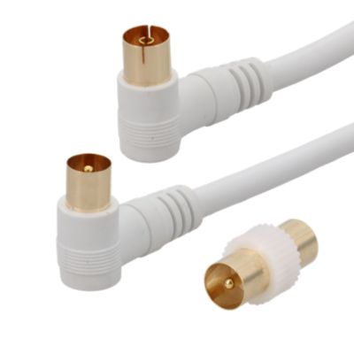 Cordon TV prises coudées mâle/femelle + adaptateur TV 9.52 mm mâle/mâle - blanc connecteurs plaqués or - Erard