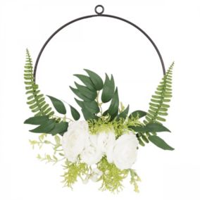 Couronne de fleurs artificielles blanches et de feuillages D27cm