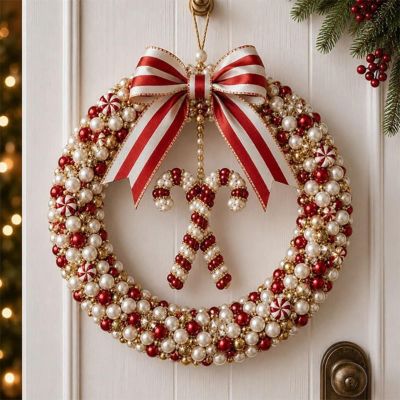 Couronne de Noël artisanale en perles avec nœud rayé rouge et blanc et suspension en forme de sucre d'orge,décoration murale