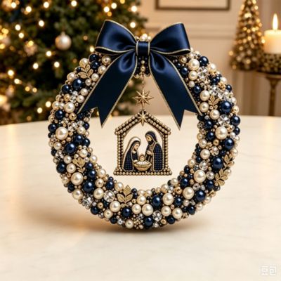 Couronne de Noël de luxe ornée de perles, avec nœud en satin rayé et breloque sucre d'orge,pour porte d'entrée