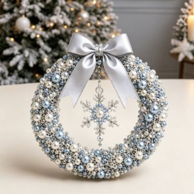 Couronne de Noël en perles bleues et blanches avec nœud et pendentif flocon de neige suspendu,Couronne d'hiver élégante