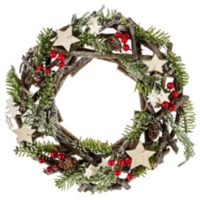 Couronne de noël "ferme aux sapins" bois étoiles dorées d30cm - feeric lights & christmas