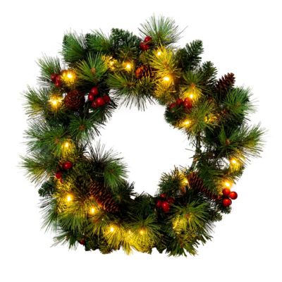 Couronne de Noël LED 'NOEL' Décoration extérieure en métal et plastique vert et or, avec LEDs fixes