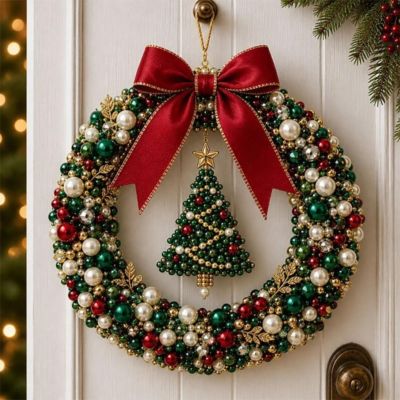 Couronne de Noël rouge et verte ornée de perles, d'une bordure dorée, d'un nœud rouge et d'un pendentif en forme de mini sapin