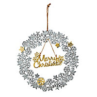 Couronne de Noël Merry Chistmas, métal, argent et doré, diam. 28 cm
