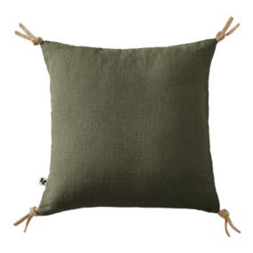 Coussin 45 x 45 cm en lin lavé vert avec 4 nouettes en jute - LUISA