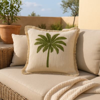 Coussin à frange broderie palmier beige, vert L.45 x l.45cm Ornami