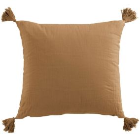 Coussin carré 40x40 cm gaze de coton avec pompons camel