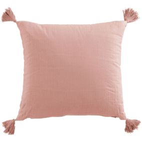 Coussin carré 40x40 cm gaze de coton avec pompons rose