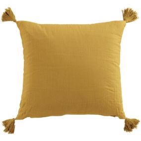 Coussin carré 40x40 cm gaze de coton avec pompons safran