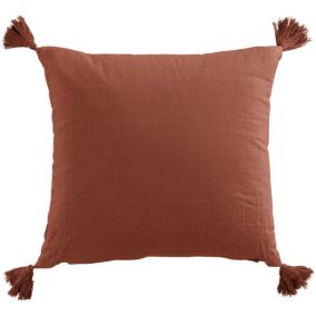 Coussin carré 40x40 cm gaze de coton avec pompons terracotta