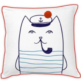 Coussin coton blanc avec chat marin 40x40cm