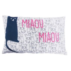 Coussin coton blanc et bleu avec chat 30x50cm