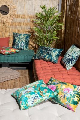 Coussin d'extérieur carré imperméable imprimé motif fleur tropicale L.45 x l.45cm Deco&co