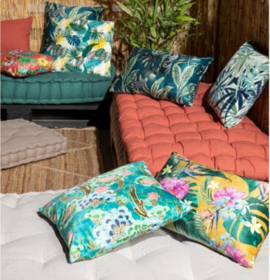 Coussin d'extérieur carré imperméable Palma feuillage tropical vert L.45 x l.45cm Deco&co