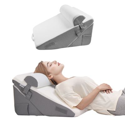 Coussin incliné lit, triangulaire, mousse, housse lavable, reflux acide, maux dos, gris/blanc.